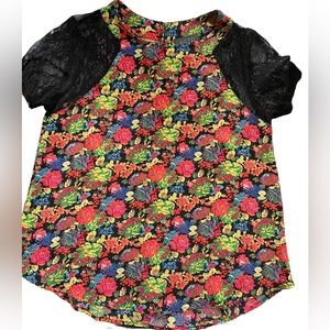 ASTR Lace Sleeve Neon Textured Floral Blouse